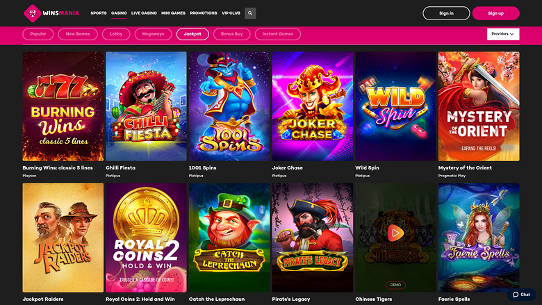 WinsMania Casino Desktop Jackpot