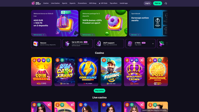 WinSpirit Casino Desktop Homepage
