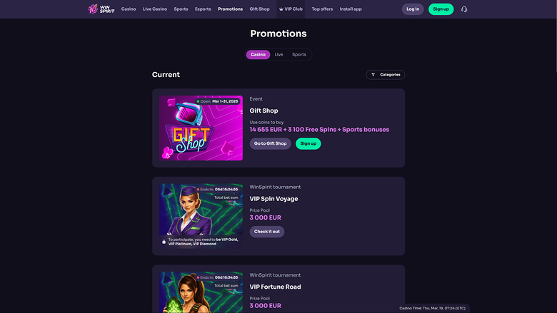 WinSpirit Casino Desktop Promotions