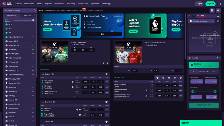 WinSpirit Casino Desktop Sports