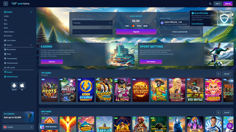 Wintopia Casino Desktop Homepage