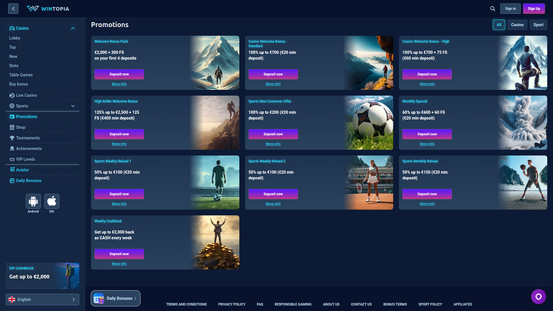 Wintopia Casino Desktop Promotions