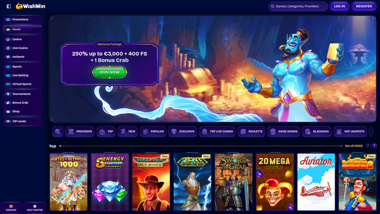 WishWin Casino Desktop Homepage