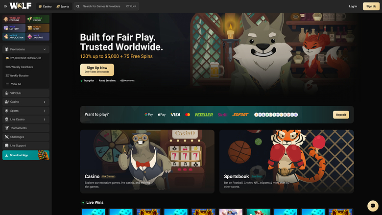 Wolf.io Casino Desktop Homepage