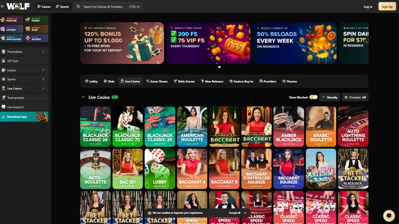 Live page screenshot of Wolf.io Casino