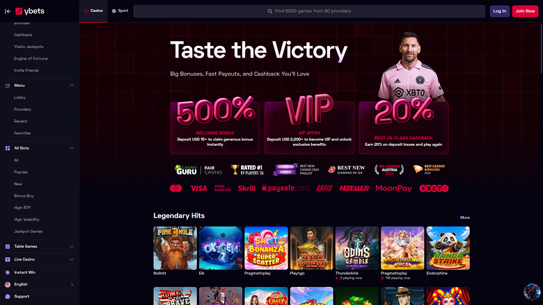Ybets Casino Desktop Homepage