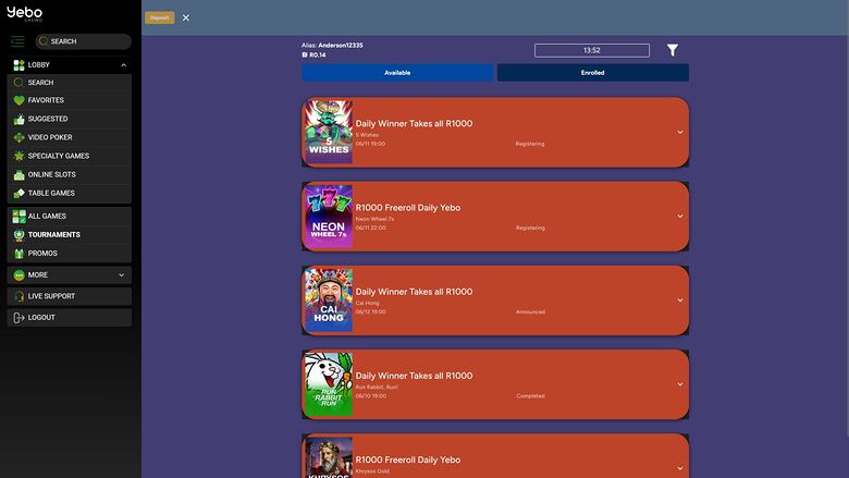 Yebo Casino Desktop Tournaments