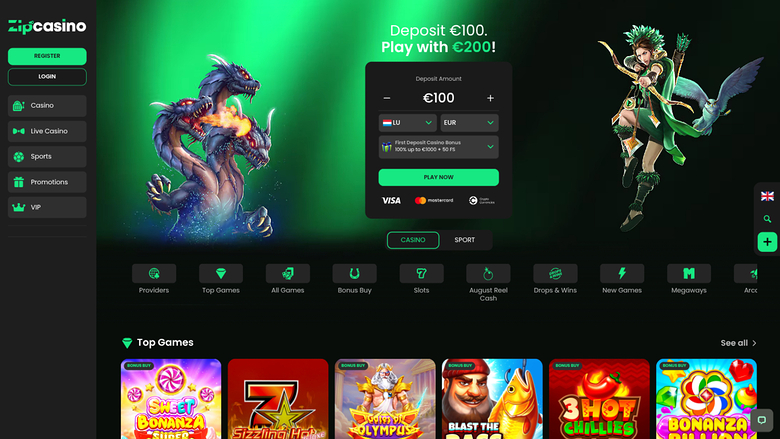 Zip Casino Desktop Homepage