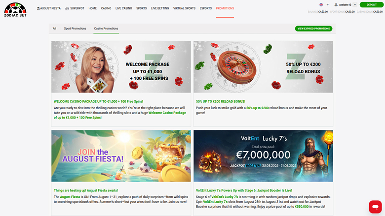 Zodiacbet Casino Desktop Promotions