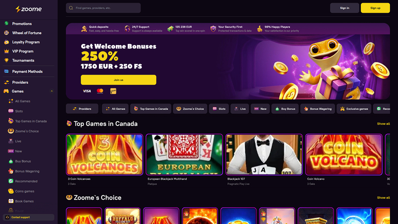 Zoome Casino Desktop Homepage