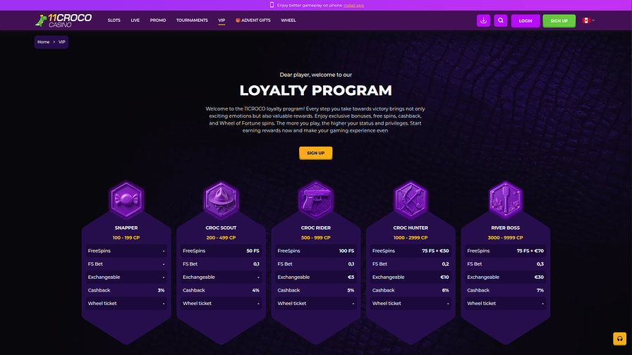 VIP page screenshot of 11Croco Casino