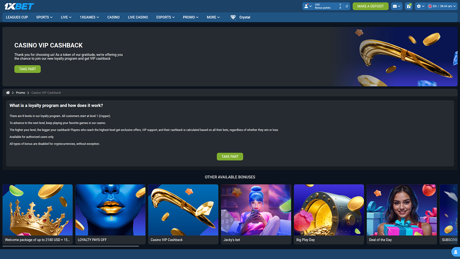 1xBet Casino Desktop VIP Program