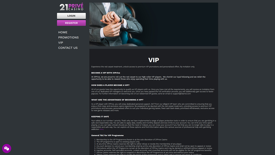 21 Prive Casino Desktop VIP Program