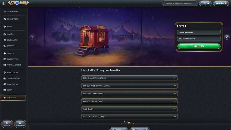 VIP page screenshot of AstroMania Casino