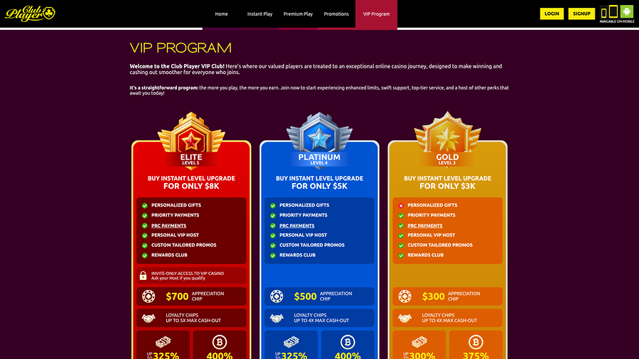 Club Player Casino Desktop VIP Program