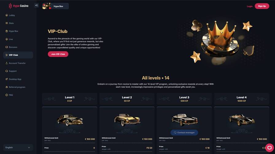 VIP page screenshot of Hype Casino
