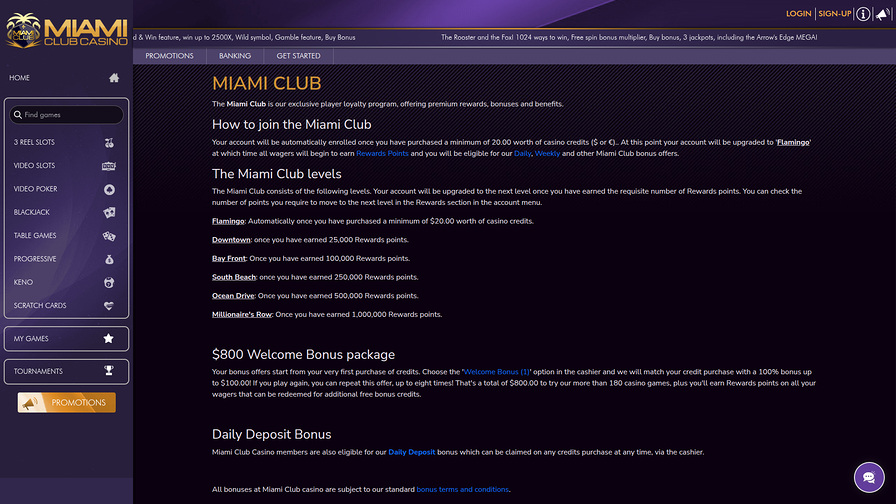 Miami Club Casino Desktop VIP Program
