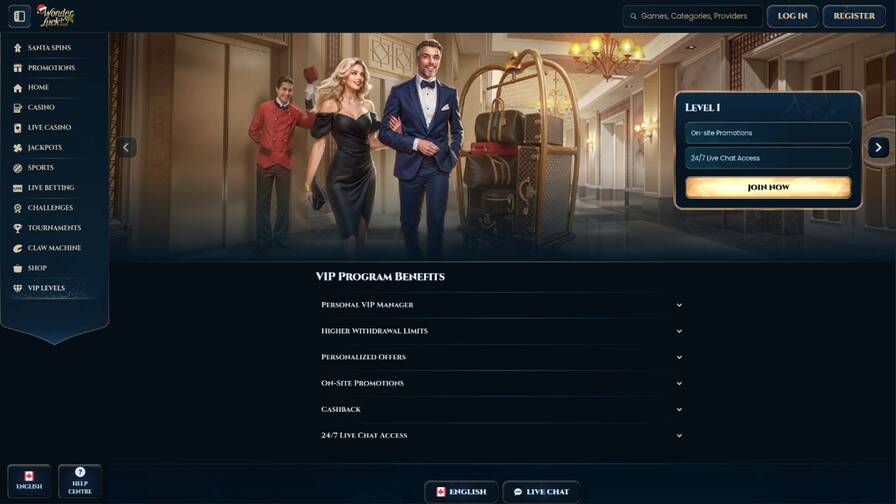 VIP page screenshot of WonderLuck Casino