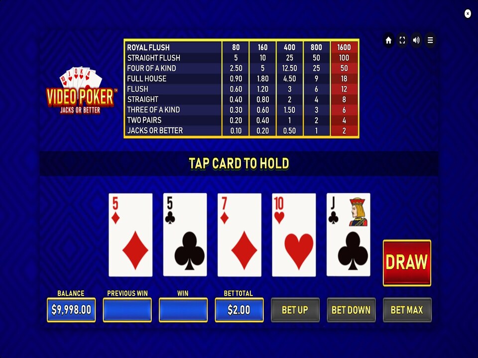 DragonGaming Video Poker Jacks or Better gameplay screenshot