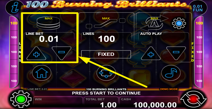 100 Burning Brilliants Adjust Line Bet