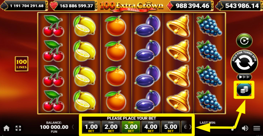 100 Extra Crown 6 Reels Choose Bet