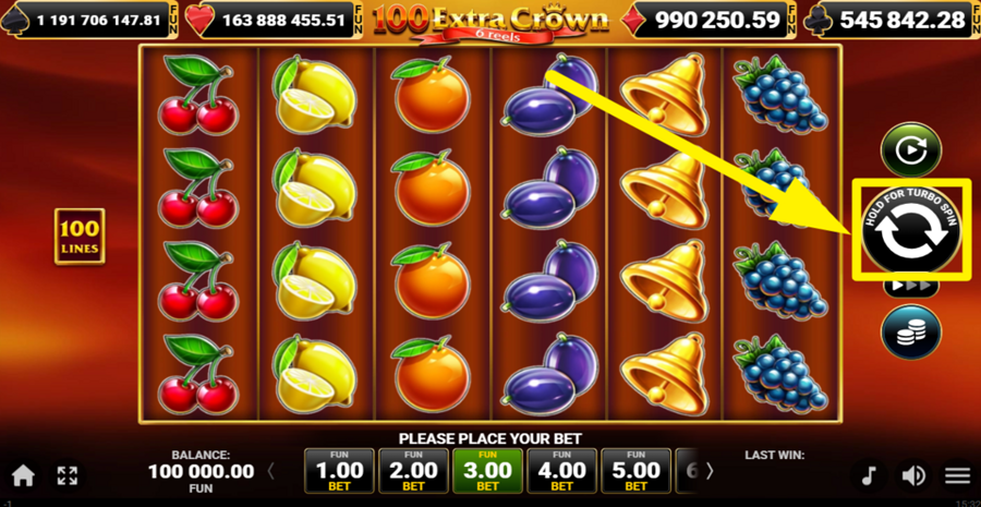 100 Extra Crown 6 Reels Spin Button