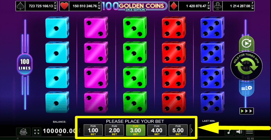 100 Golden Coins Dice Edition Bet Value