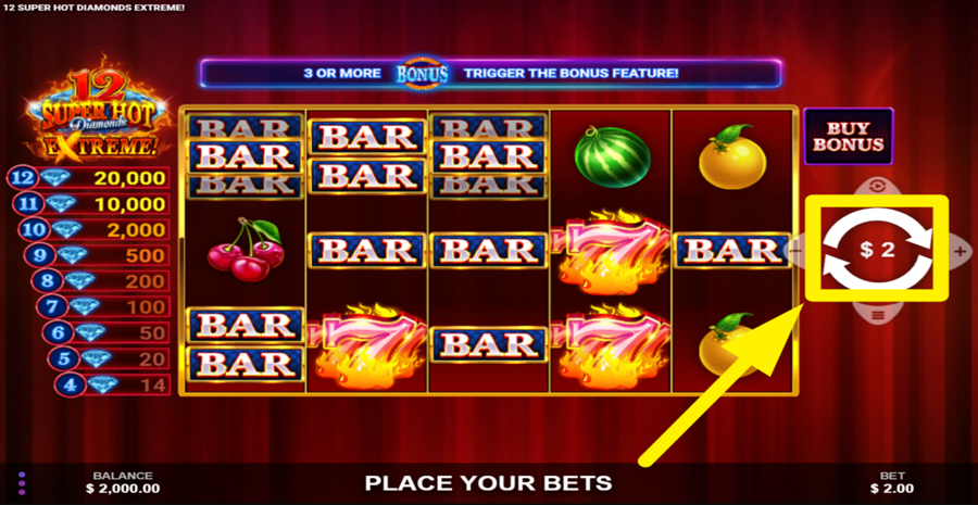 12 Super Hot Diamonds Extreme Spin Button