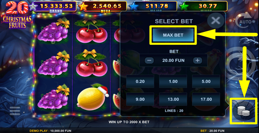 20 Christmas Fruits Max Bet Button