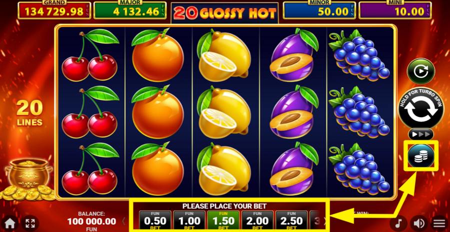 20 Glossy Hot Golden Coins Link Adjust Bet