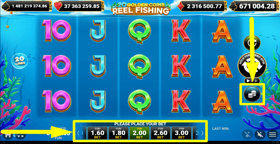 20 Golden Coins Reel Fishing Bet Value