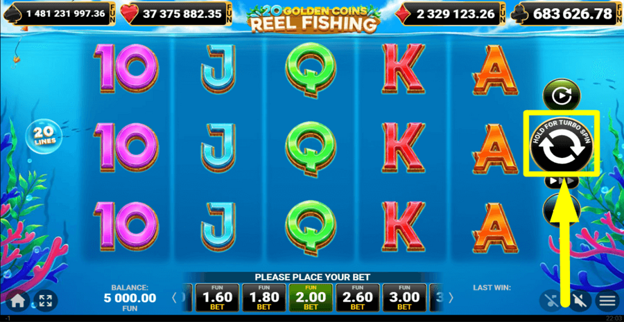 20 Golden Coins Reel Fishing Spin Button