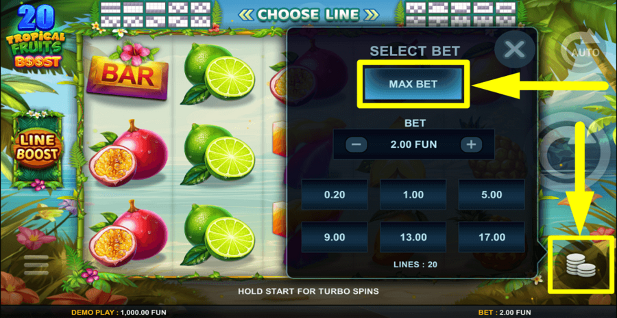 20 Tropical Fruits Boost Max Bet Button