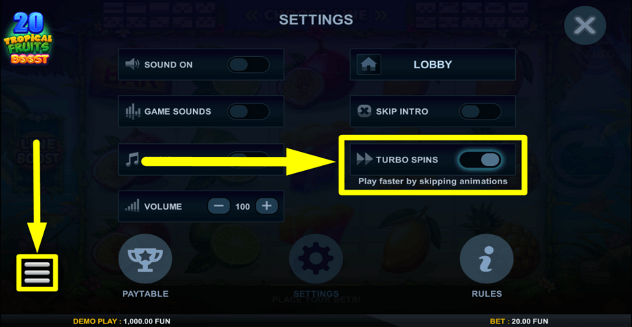 20 Tropical Fruits Boost Turbo Feature