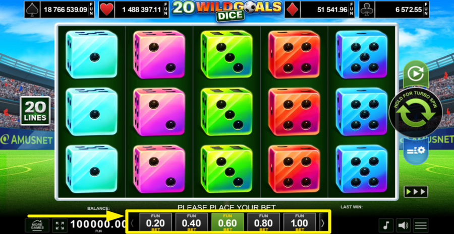 20 Wild Goals Dice Adjust Bet