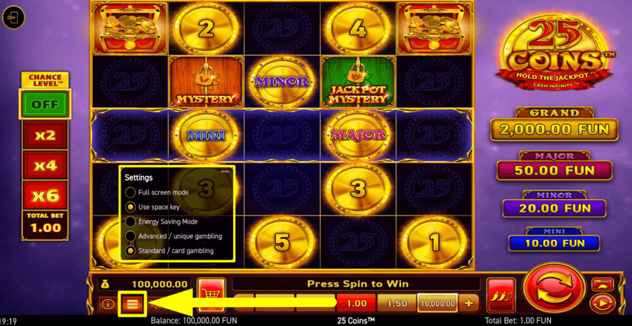 25 Coins Settings