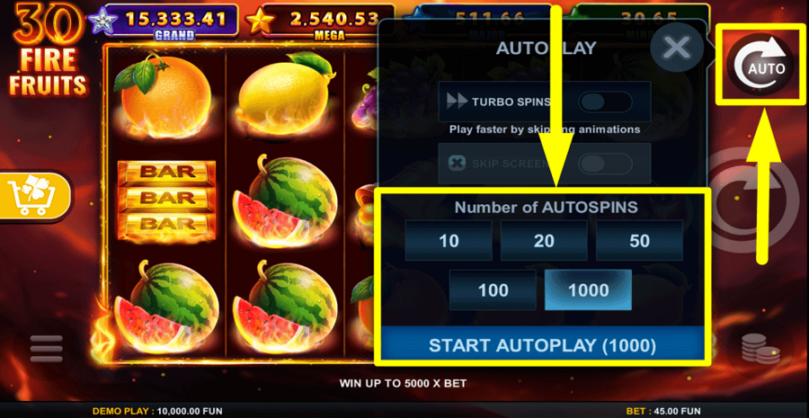 30 Fire Fruits Autoplay Feature