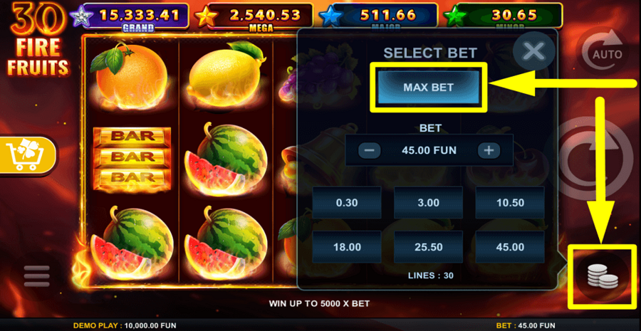 30 Fire Fruits Max Bet Button