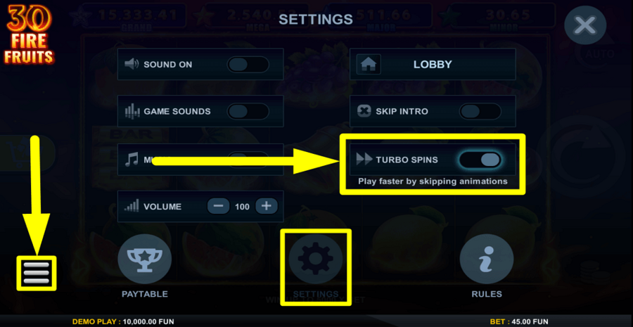 30 Fire Fruits Turbo Feature