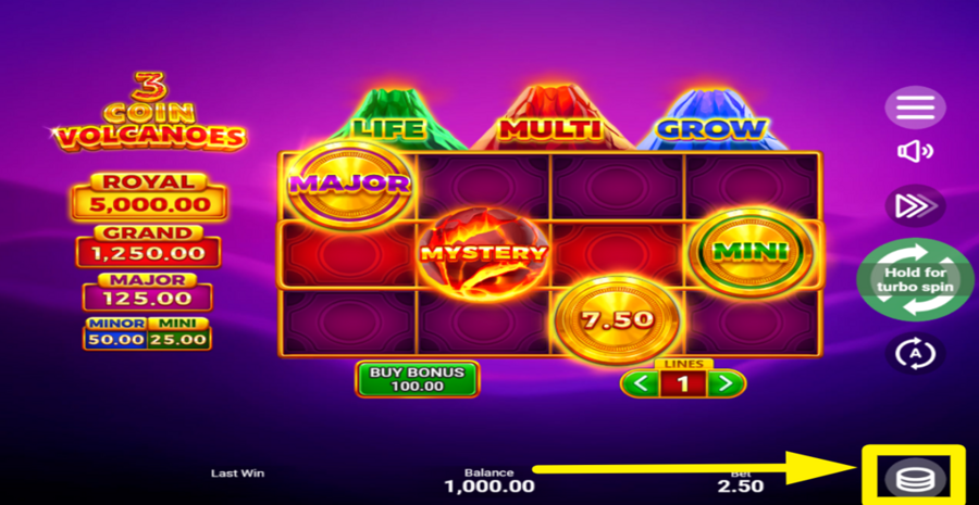 3 Coin Volcanoes Adjust Bet