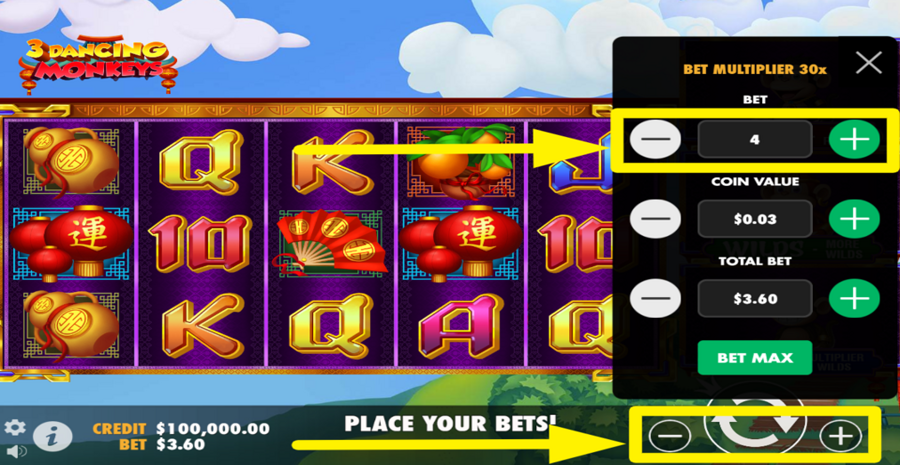 3 Dancing Monkeys Adjust Bet Level