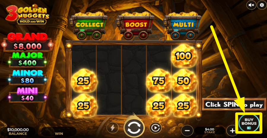3 Golden Nuggets Hold And Win Buy Bonus