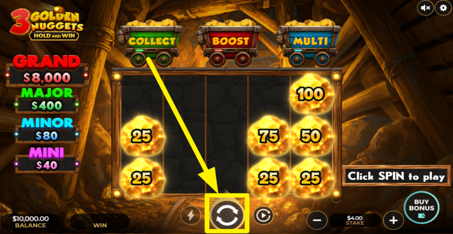 3 Golden Nuggets Hold And Win Spin