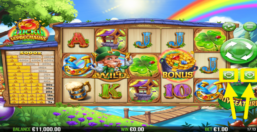 3 Lucky Leprechauns Adjust Bet