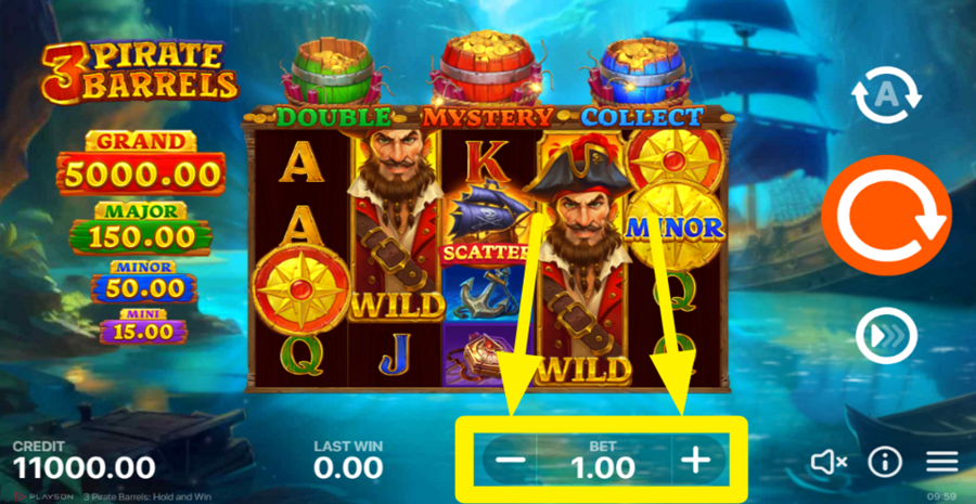 3 Pirate Barrels Hold And Win Adjust Bet