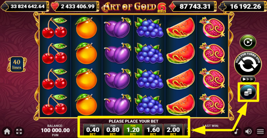 40 Art Of Gold 6 Reels Adjust Bet