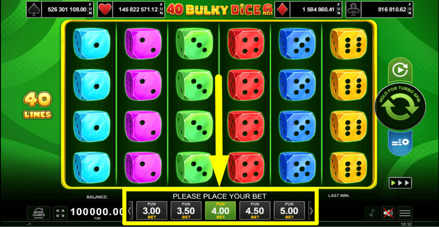 40 Bulky Dice 6 Reels Bet Value