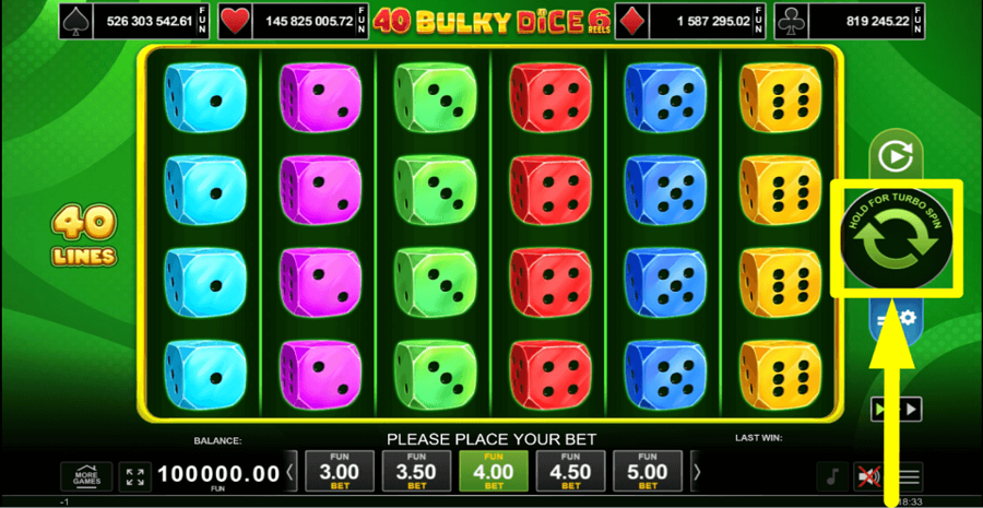 40 Bulky Dice 6 Reels Spin Button