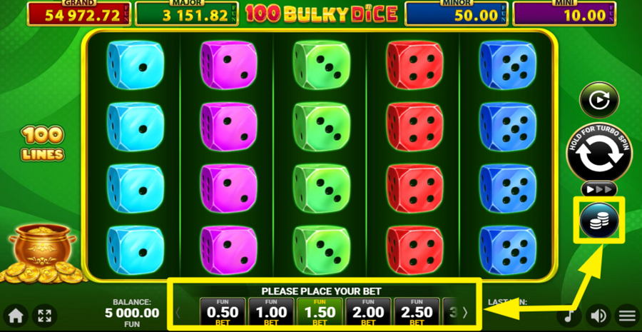 40 Bulky Dice Golden Coins Link Adjust Bet
