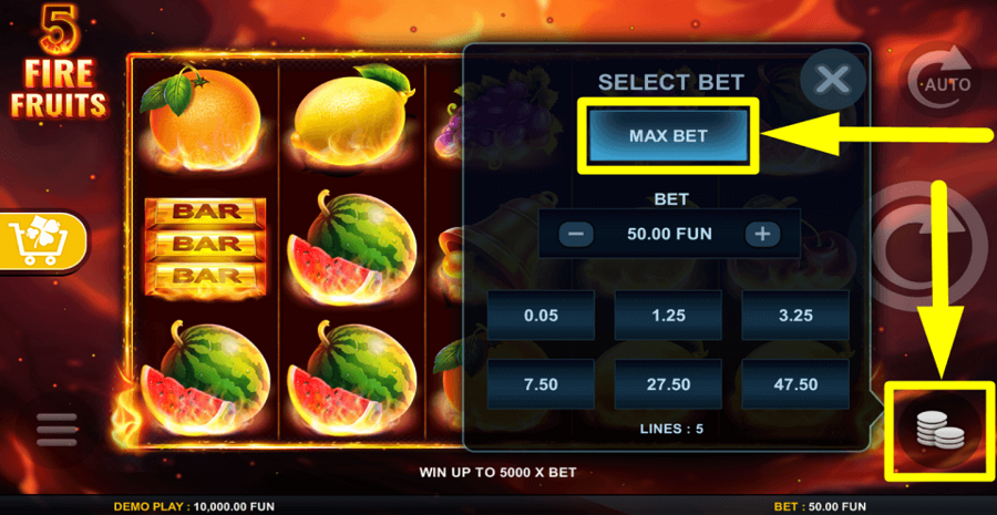 5 Fire Fruits Max Bet Button